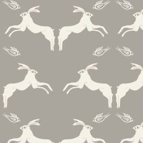Large Scale Leaping Bunnies on Taupe with Birds