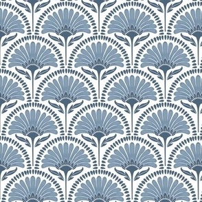 Art Deco Scallop with simple Daisy Floral in a Hampton blue and white palette on pale blue small scale