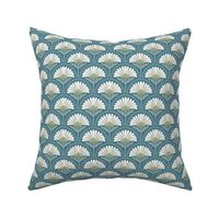 Art Deco Scallop with simple Daisy Floral in soft green, natural white on ocean blue small scale