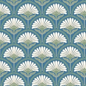 Art Deco Scallop with simple Daisy Floral in soft green, natural white on ocean blue small scale