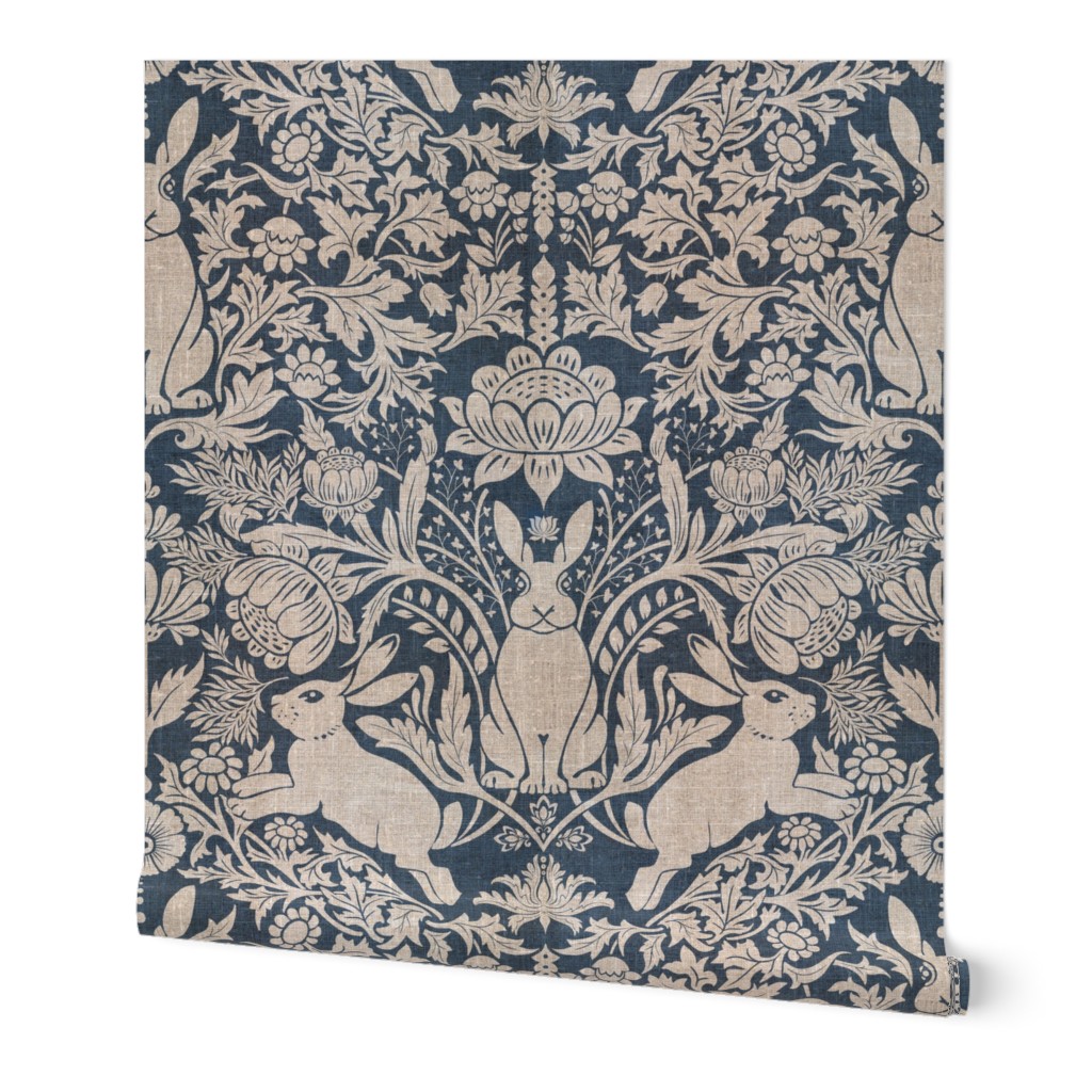 Modern damask/Year of the Rabbits/ rustic blue/beige/textured