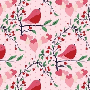 L ✹ Pink Valentine Bird Among Vines with Heart Shaped Flowers