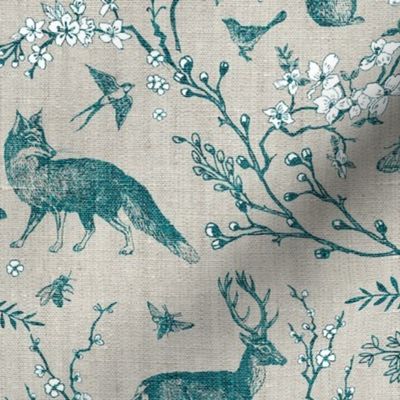 Spring Woodland Toile (teal/burlap) LRG