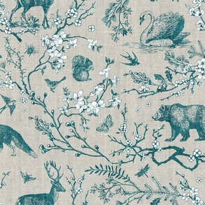 Spring Woodland Toile (teal/burlap) LRG