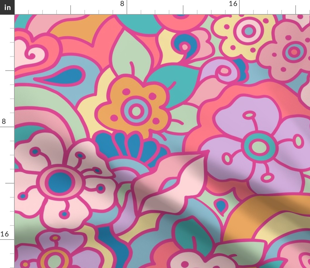 Large Scale. 60's Dream Garden Adventures- Pink, Green, Blue, Lilac, Yellow. Kids Bedding