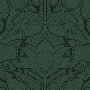 art nouveau lotus flower leaves wallpaper dark green