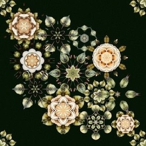 7" Floral Kaleidoscope | Intricate Pattern | Green Orange Brown Pink Beige Ivory | Dark Olive Green Background | Geometric Aesthetic