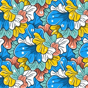 Floral Abstract Design, Spring Petals / Blue Version / Medium Scale