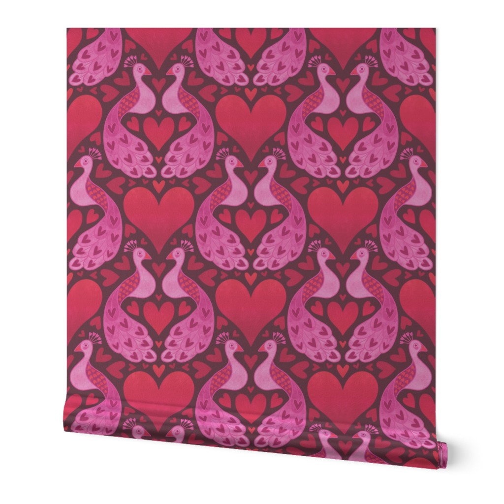 M – Red Peacock Hearts – Burgundy & Pink Peacocks in Love Damask Heart Pattern