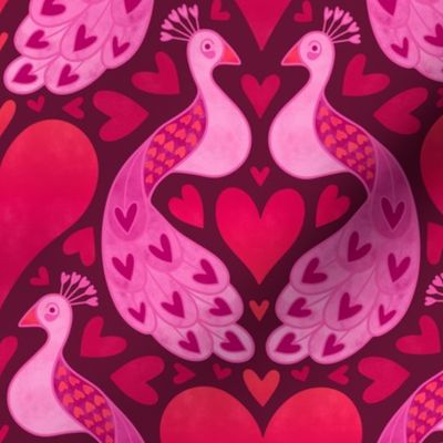 M – Red Peacock Hearts – Burgundy & Pink Peacocks in Love Damask Heart Pattern