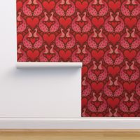 M – Red Peacock Hearts – Burgundy & Pink Peacocks in Love Damask Heart Pattern