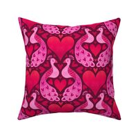 M – Red Peacock Hearts – Burgundy & Pink Peacocks in Love Damask Heart Pattern