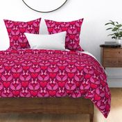 M – Red Peacock Hearts – Burgundy & Pink Peacocks in Love Damask Heart Pattern