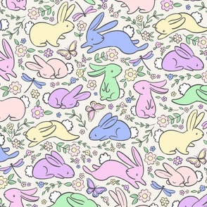 Pastel Rainbow Bunny Rabbits with Spring Flora - on cream
