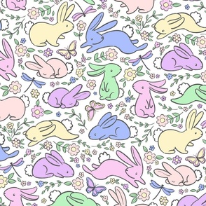 Pastel Rainbow Bunny Rabbits with Spring Flora - on white 