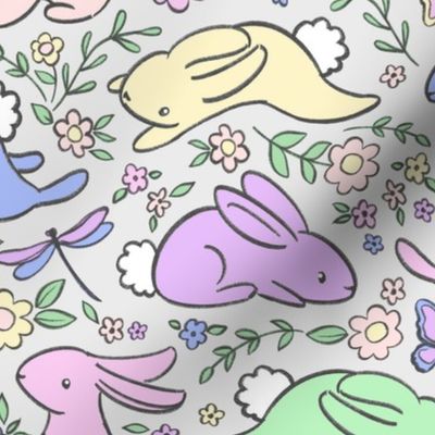 Pastel Rainbow Bunny Rabbits with Spring Flora - on light grey