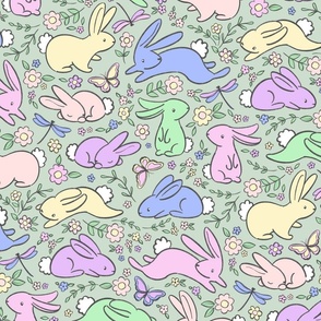 Pastel Rainbow Bunny Rabbits with Spring Flora - on pale green 