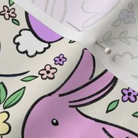 Neon Pastel Bunny Rabbits with Spring Flora - on cream