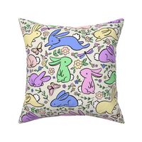 Neon Pastel Bunny Rabbits with Spring Flora - on cream