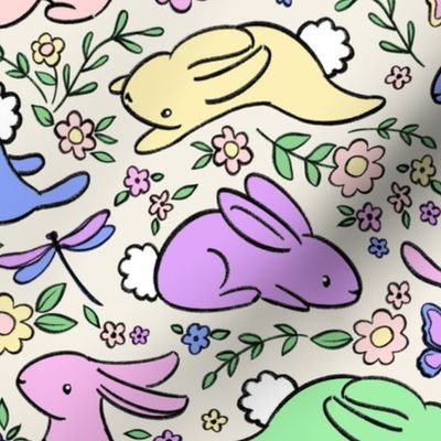 Neon Pastel Bunny Rabbits with Spring Flora - on cream