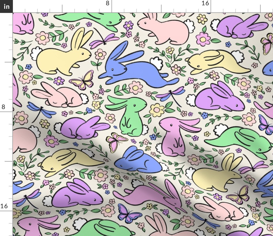 Neon Pastel Bunny Rabbits with Spring Flora - on cream