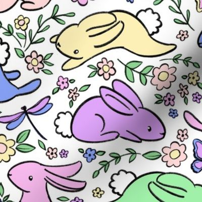 Neon Pastel Bunny Rabbits with Spring Flora - on white