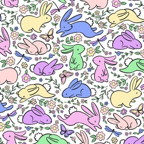 Neon Pastel Bunny Rabbits with Spring Flora - on white