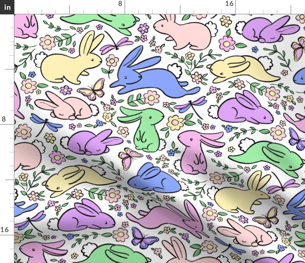 Neon Pastel Bunny Rabbits with Spring Flora - on white