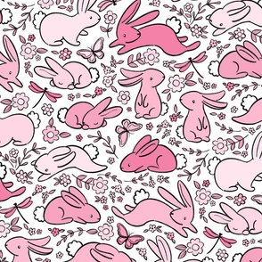 Pastel Bunny Rabbits with Spring Flora - pink and white 