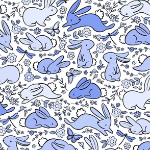 Pastel Bunny Rabbits with Spring Flora - blue and white 