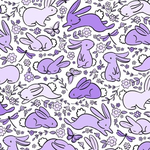 Pastel Bunny Rabbits with Spring Flora - purple and white 