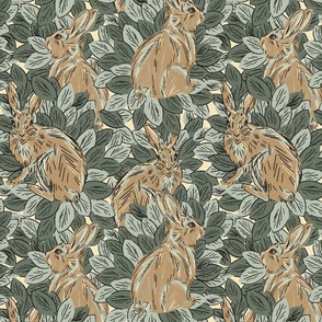 Hiding hares  -  neutral earthy brown, sage green, grey green       // Big scale 