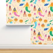 Whimsical Mermaids and Sea Creatures with Partyhats Bright Colors On Vanilla