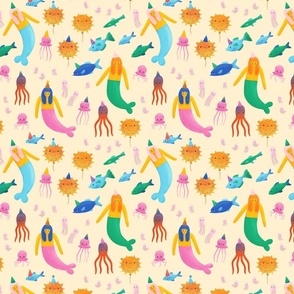 Whimsical Mermaids and Sea Creatures with Partyhats Bright Colors On Vanilla