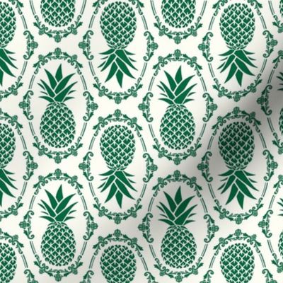 Medium Scale Pineapple Fruit Damask Emerald Green on Ivory - Copy