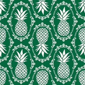 Large Scale Pineapple Fruit Damask Ivory on Emerald Green