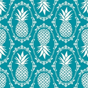 Large Scale Pineapple Fruit Damask Ivory on Lagoon Blue