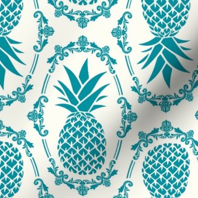 Large Scale Pineapple Fruit Damask Lagoon Blue on Ivory