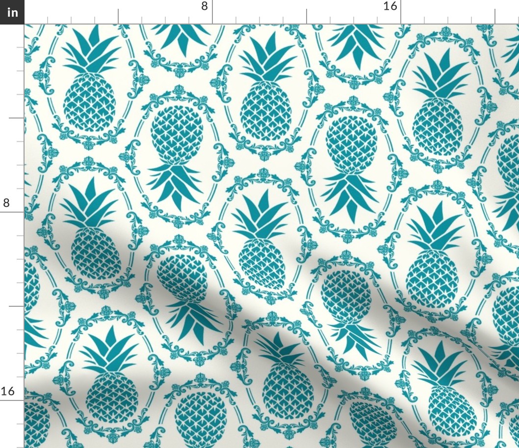 Large Scale Pineapple Fruit Damask Lagoon Blue on Ivory