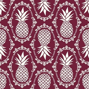 Large Scale Pineapple Fruit Damask Ivory on Wine