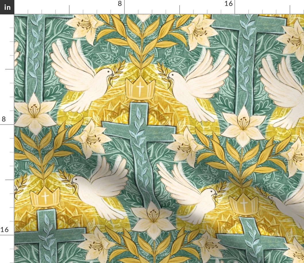 Resurrection Sunday Christian Easter Damask in Green and Gold Large
