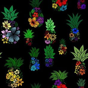 Pineapple Flowers Black with Colorful Patterns