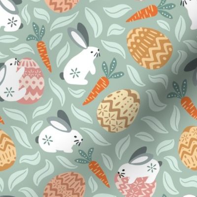 Playful easter bunnies and eggs - rabbit egg hunt - pastel blue - small scale 8" repeat for fabric