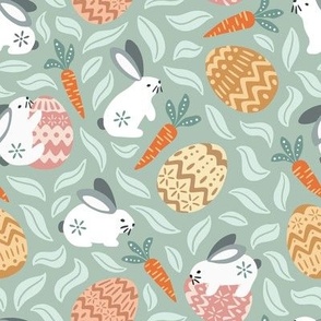 Playful easter bunnies and eggs - rabbit egg hunt - pastel blue - small scale 8" repeat for fabric