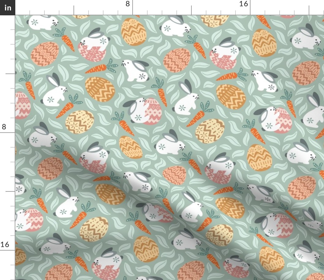 Playful easter bunnies and eggs - rabbit egg hunt - pastel blue - small scale 8" repeat for fabric