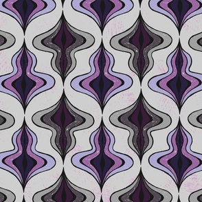 Scruffy style mid-century groovy pattern in greys, pinks and purples “The spinning top”