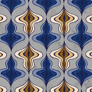 Scruffy style mid-century groovy pattern in blues, browns ans grey “The spinning top”