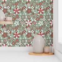 Snowflakes and Stars - Apricity - Winter Holidays - Christmas - sage green, red, white