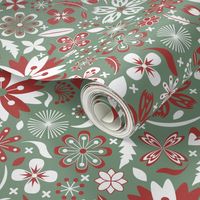 Snowflakes and Stars - Apricity - Winter Holidays - Christmas - sage green, red, white