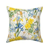 14" Exquisite antique charm: A Vintage Botanical Yellow Rose And Blue Iris Flower Pattern,  on a light off white  background - double layer